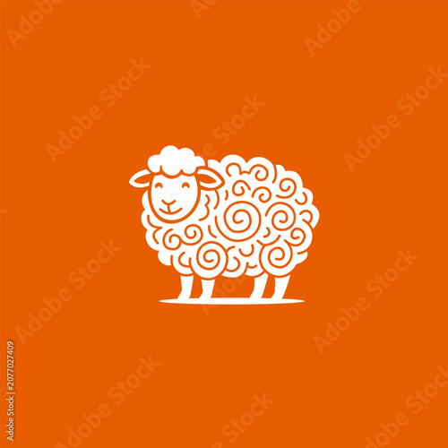 White vector illustration of a cute sheep with spiral wool patterns, isolated on an orange background