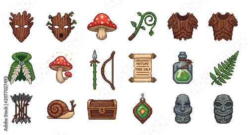 Photos This vector illustration features a collection of fantasy game assets themed around nature, including wooden masks, mushrooms, armor, and tools