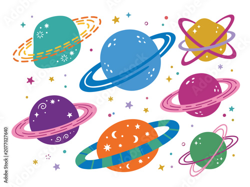 Collection of colorful cartoon planets with rings and stars, representing a whimsical outer space galaxy exploration