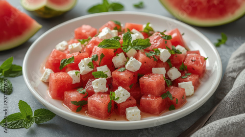 Fresh watermelon feta salad with mint leaves, bright refreshing summer side
