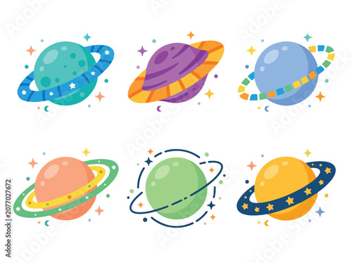 Collection of colorful cartoon planets with rings and stars, representing a whimsical outer space theme for children