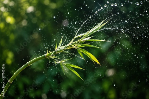 A flexible bamboo branch recoiling, flinging water droplets into the air.