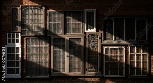 Collection of assorted antique window frames mounted on a textured brick wall with dramatic narrow light beams casting sharp shadows