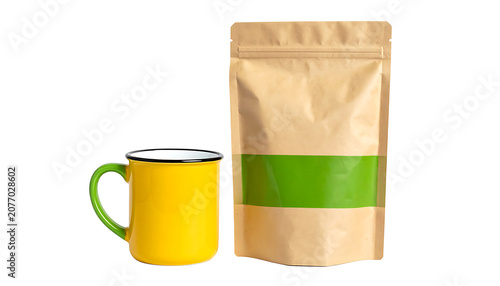 Bright Yellow Coffee Mug With Green Handle Beside Kraft Coffee Bag On White