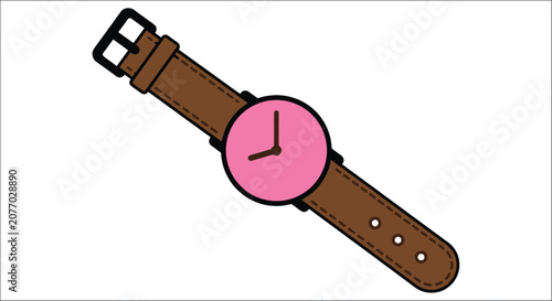 Fotografie Wristwatch with brown leather strap and pink face flat vector illustration on a