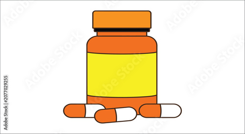 Obraz na plátně Orange pill bottle with capsules flat vector illustration on a white background