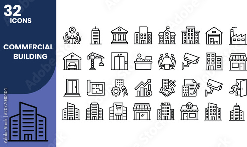 Professional commercial building line icon set featuring office buildings, business centers, retail spaces, warehouses, hotels, real estate, architecture, and facility management symbols.