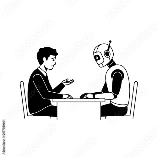 Human and robot sitting at table, concept of artificial intelligence and future work