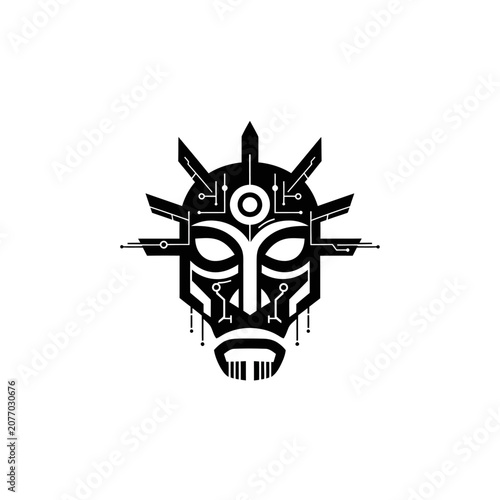 Futuristic Tribal Mask with Circuit Board Design - Digital Art