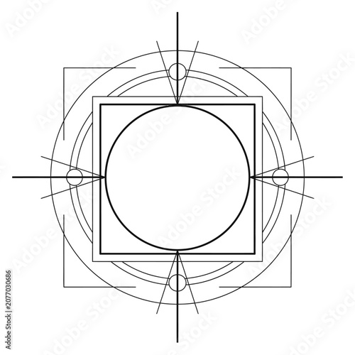 Geometric Abstract Symbol: Circle in Square, Concentric Rings, Rays