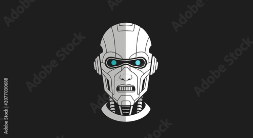 Futuristic Robot Head with Blue Eyes, AI Technology, Science Fiction Concept