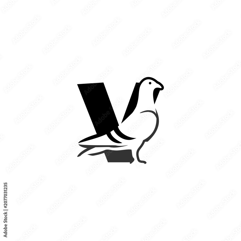 Fototapeta premium Minimalist monochrome vector logo featuring a dove merged with an alphabet letter V, ideal for peaceful branding, logo identity, emblem, and clean design projects.