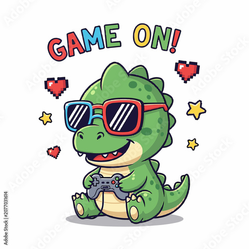 Cute Gaming Dinosaur Wearing Sunglasses Game On Graphic Design