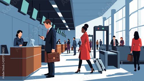 Canvastavla People walk through airport security with a woman and man near the check-in counter