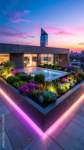 A rooftop garden with a pool and vibrant flowers at sunset