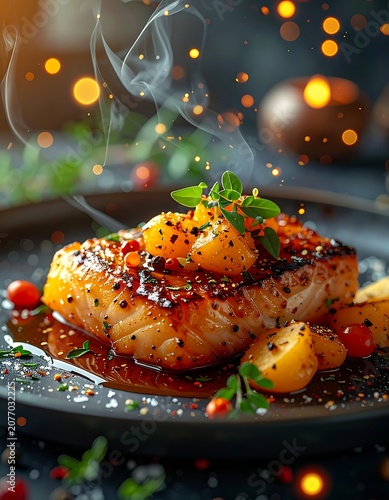 A savory dish of grilled meat with herbs and spices on a plate