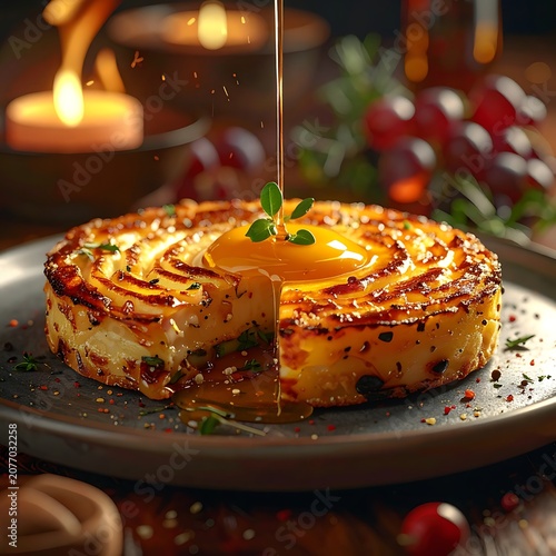 A savory pie with melted cheese and herbs being drizzled