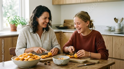 Happy mother and teenage daughter slicing fresh apricots on wooden cutting boards in cozy kitchen