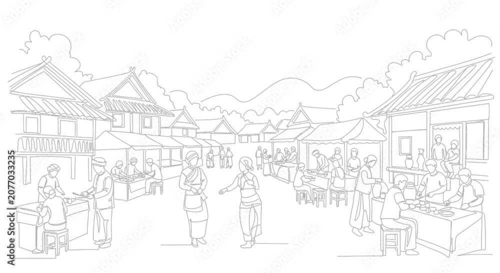 Obraz premium Traditional village market scene, people in ethnic clothing, bustling outdoor stalls, mountains background