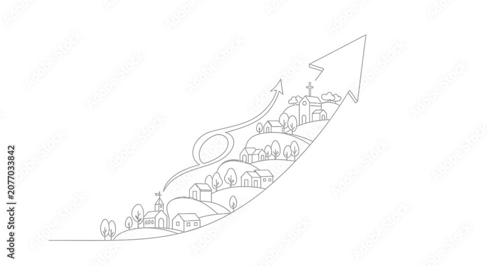 Fototapeta premium Upward Arrow Graph Illustrates Village Growth and Progress