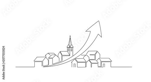 Konstfotografi Urban Growth Arrow: Illustrative Line Art of a Growing Town with Upward Trend
