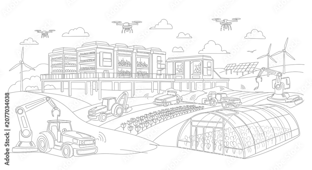 Fototapeta premium Futuristic Smart Farm with Drones, Robots, and Vertical Agriculture - Outline