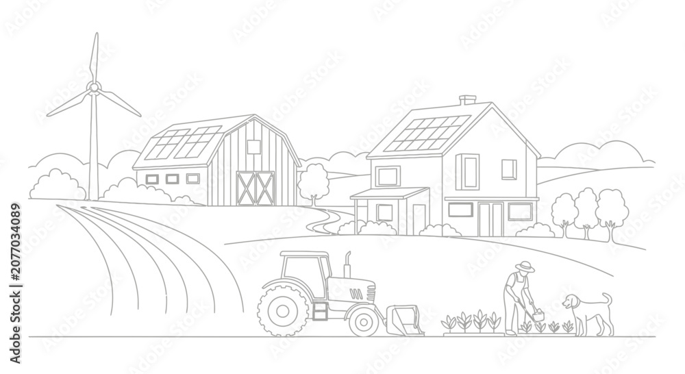 Fototapeta premium Sustainable farm scene with tractor, windmill, solar panels, and farmer tending crops