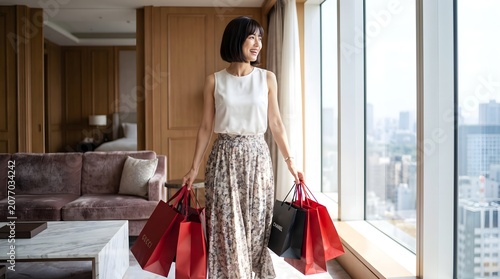 Elegant Woman with Red Shopping Bags in Luxury Hotel Room