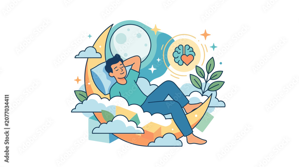 Obraz premium Man Resting on Moon, Dreaming, Calm Mind, Sleep, Relaxation
