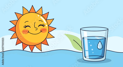 Cartoon Sun and Glass of Water Illustration.