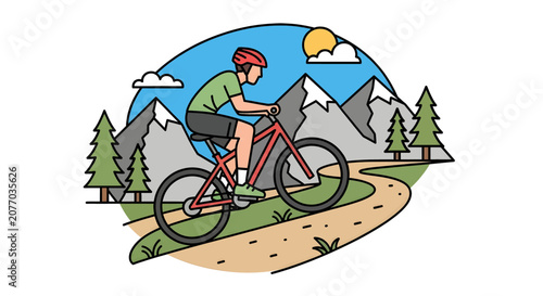 Cyclist Riding Mountain Trail in Scenic Landscape.