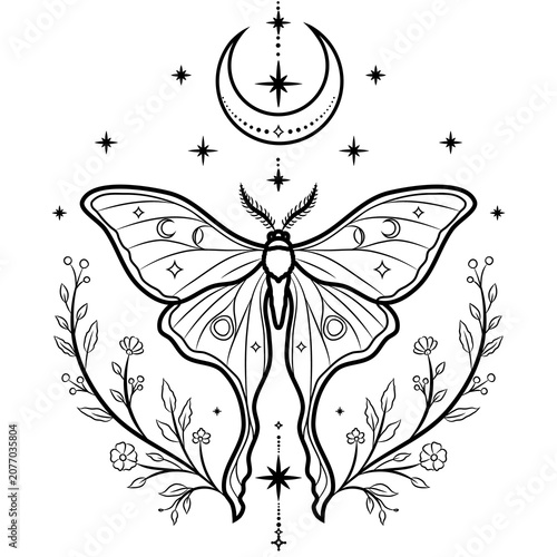 Mystical Butterfly Black Line Art Transparent PNG with Moon Stars and Flowers