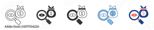 Dynamic icon set for financial investigation and wealth analysis. Depicting the diligent search for monetary assets, economic insights, and strategic business opportunities