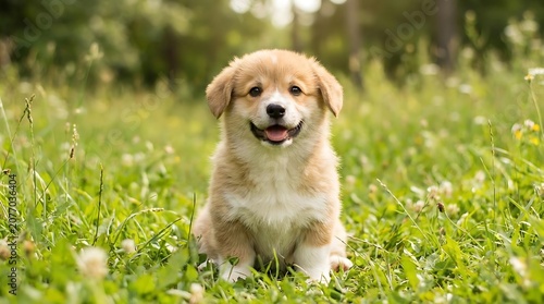 Adorable fluffy puppy sitting in lush green grass outdoors