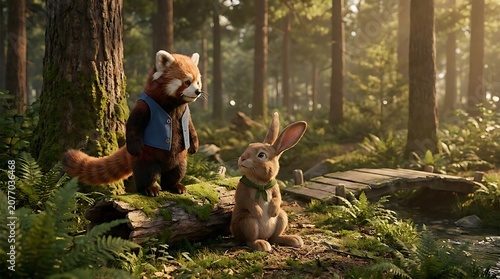 Adorable forest animals in sunlight on woodland path with stream