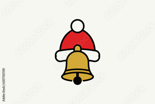 Cute cartoon Santa Claus holding a gold Christmas bell on white background