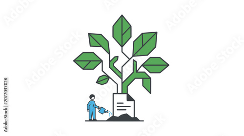 Person watering a stylized green plant symbol isolated on white background