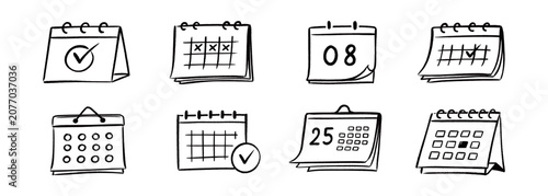 Calendar doodle icon vector set. Hand drawn calendar doodle icon with paper date time month schedule. Business reminder appointment notebook office management graphic concept. Vector illustration