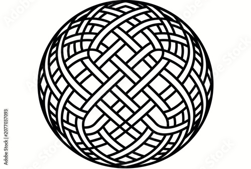 Black and white abstract geometric sphere pattern with interwoven lines