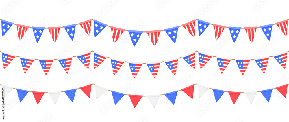 Fototapeta premium USA flag garland chain set. American flags pennon string collection for Independence day decoration, July 4 party. White, blue, red bunting decor. Triangle pennants with stripes and stars. Vector