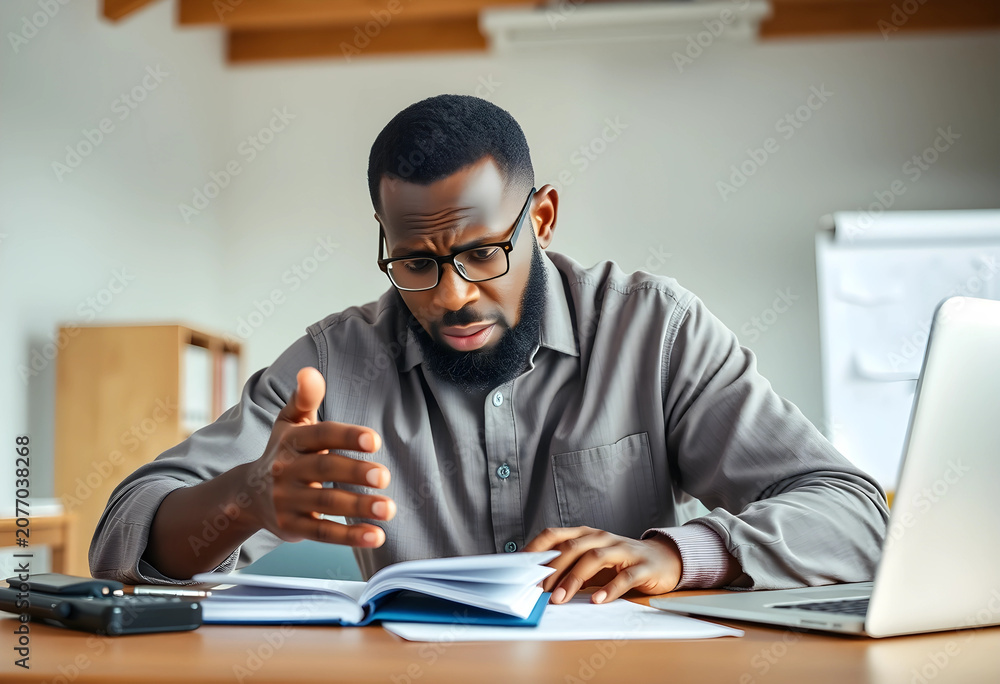 Fototapeta premium Worried businessman calculating finances at office desk