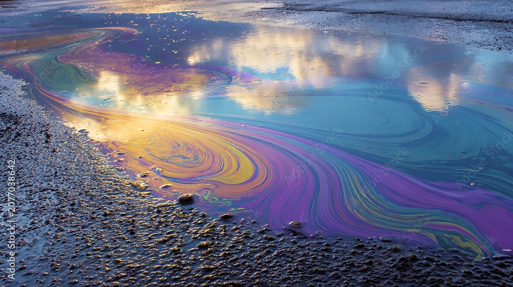 Naklejka premium Vibrant iridescent oil slick on asphalt with sky reflection.