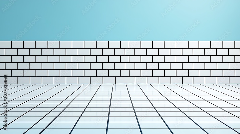 Fototapeta premium Modern minimalist room with white brick wall, tiled floor, and clear blue sky ceiling for open space design