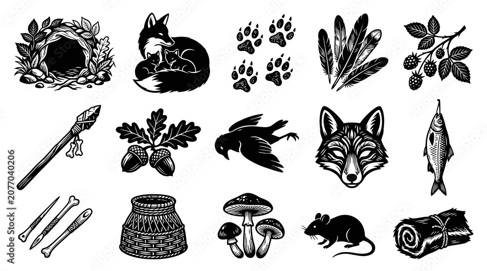 Fototapeta premium Wild Nature Icons: Fox, Feathers, Berries, Tools, Fish, Mushrooms, Mouse, Hide