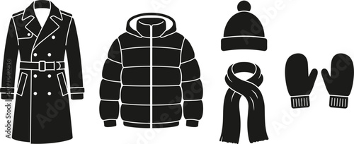 Cuadro en lienzo Winter outerwear accessories silhouette vector set featuring coat puffer jacket