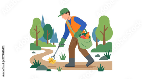 Man collecting trash in nature, environmental cleanup, eco-friendly volunteer work