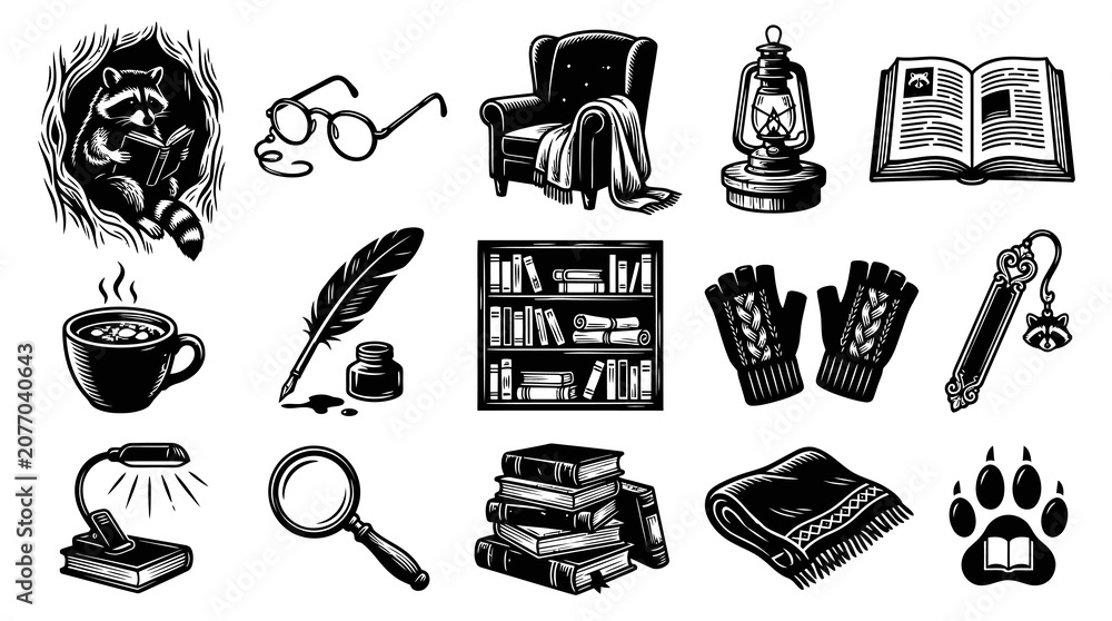 Obraz premium Black and White Engraving Icons of Cozy Reading and Literature Essentials. Study Objects and Leisure Lifestyle Line Art Set.