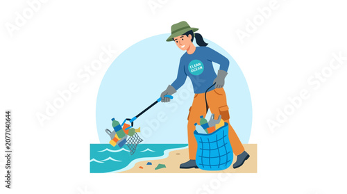 Woman cleaning beach pollution, collecting plastic bottles in bag and net