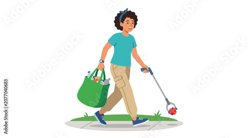 Woman cleaning park litter with grabber tool and reusable bag