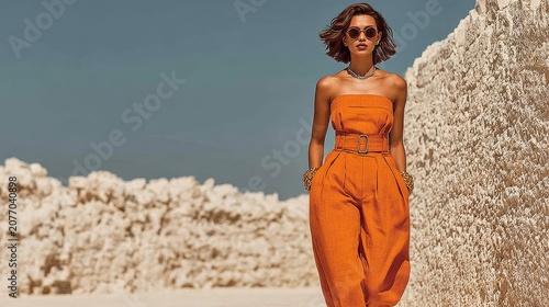 Elegant African model walking in desert wearing burnt orange cropped top with waist belt, straight-leg pants, gold bracelet, sunglasses, high heels, stylish full-body fashion look